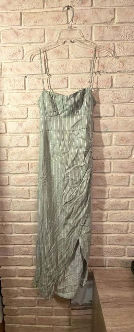 Zara Midi Dress Size XS Sage Green White Striped Slit Backless